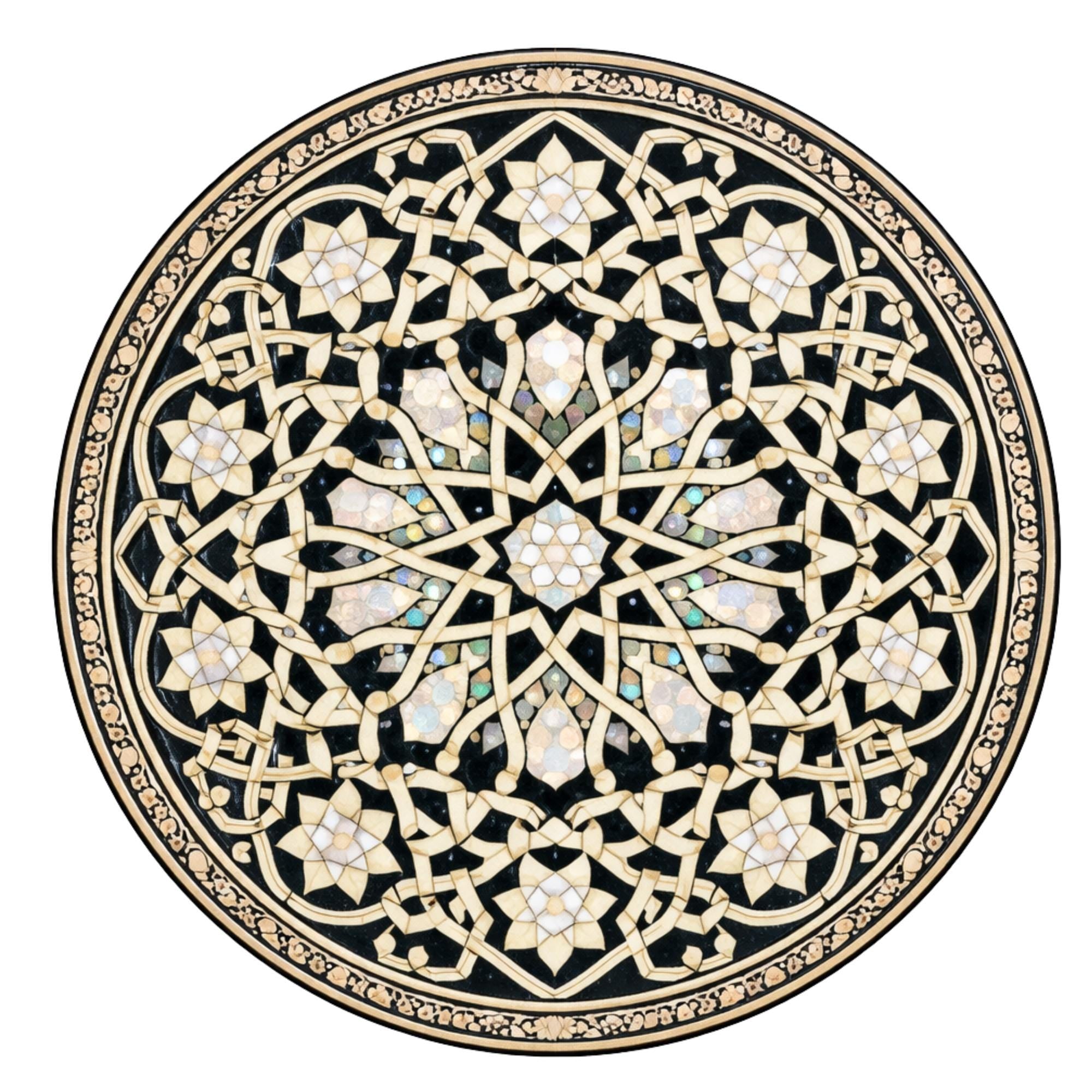 Handmade Mango Wood Side Table | Moroccan Geometric Print Boho Accent Round Table