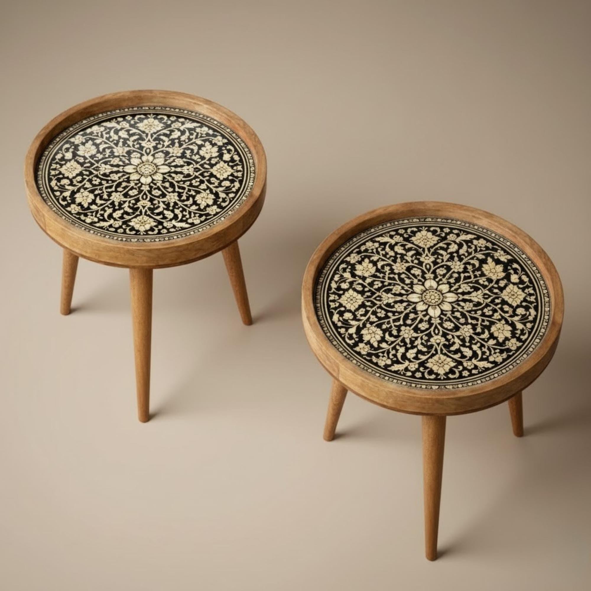 Handcrafted Mango Wood Side Table | Round Printed Accent Table | Boho Living Room Bedside Furniture