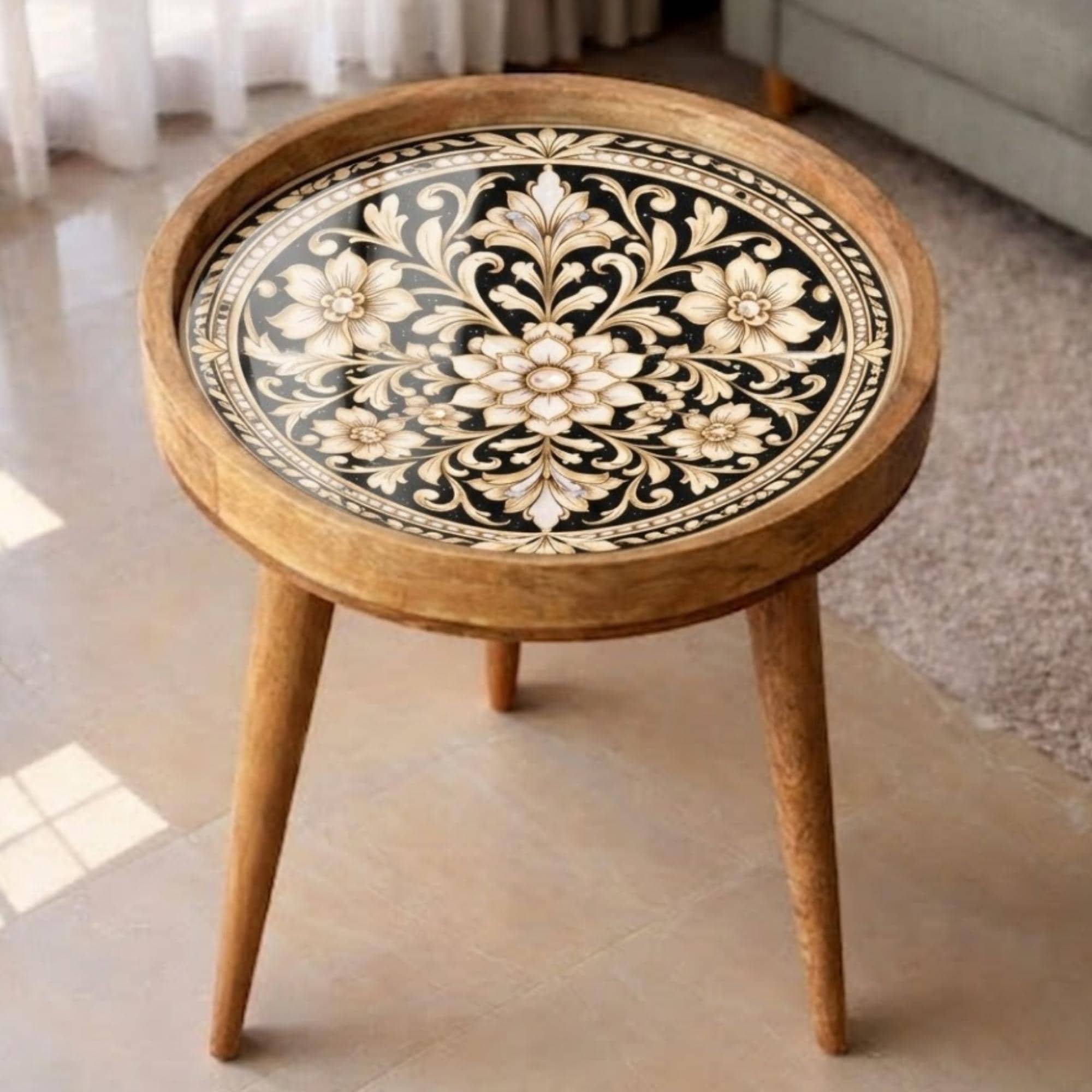 Handmade Mango Wood Side Table | Floral Printed Round Accent Table | Boho Bedside Furniture