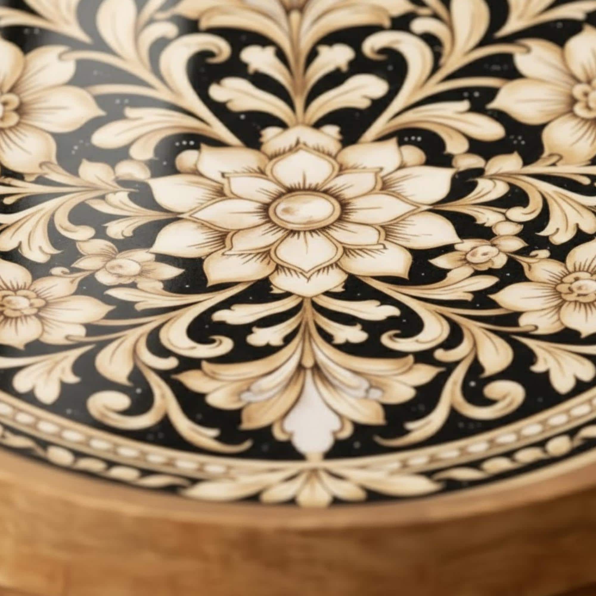 Handmade Mango Wood Side Table | Floral Printed Round Accent Table | Boho Bedside Furniture