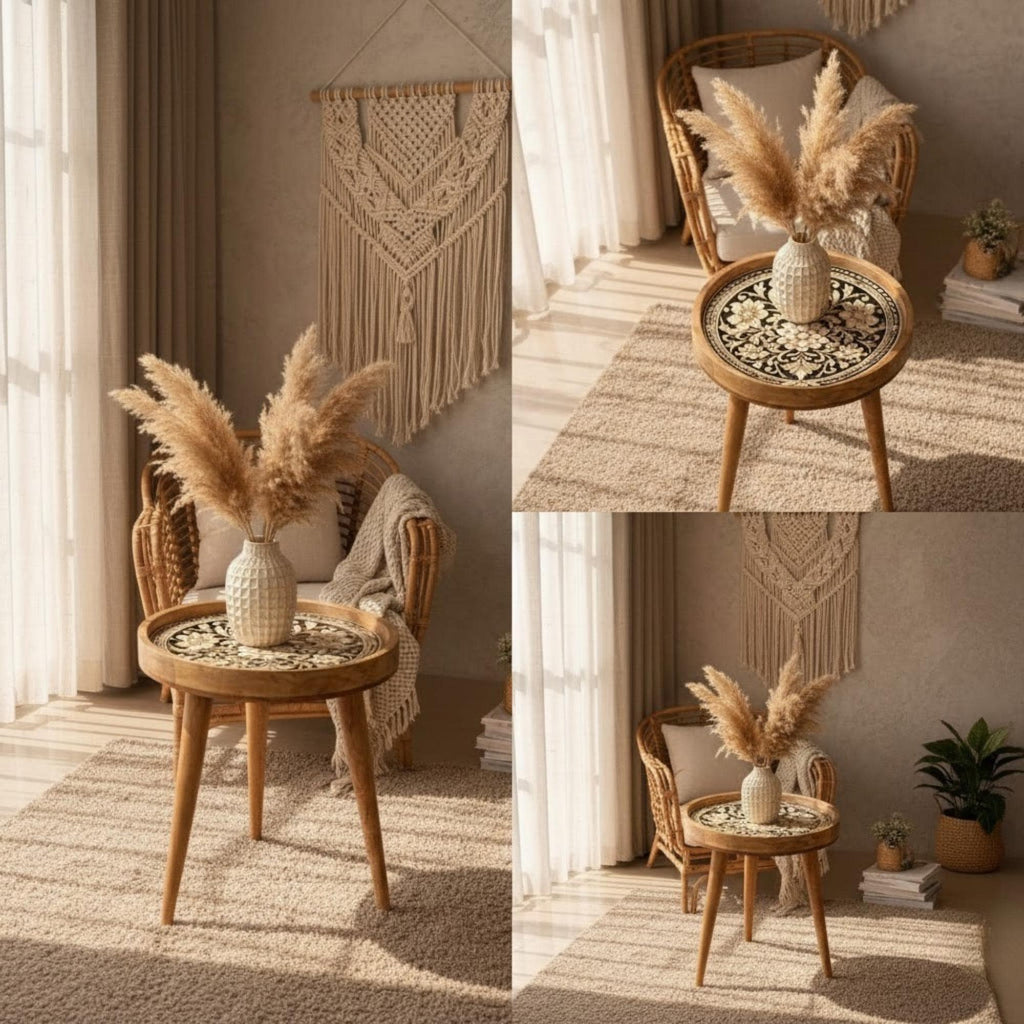 Handmade Mango Wood Side Table | Floral Printed Round Accent Table | Boho Bedside Furniture