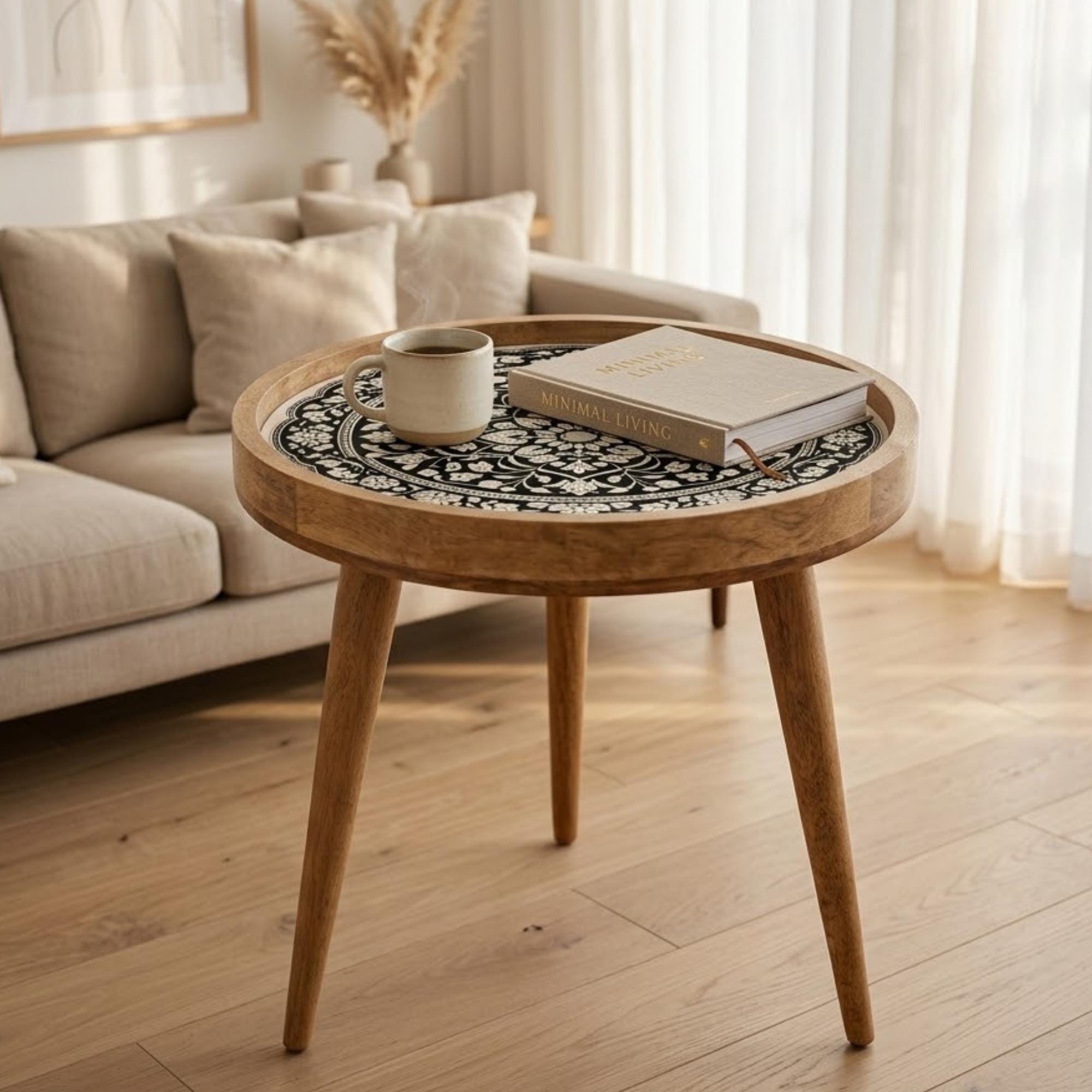 Handmade Mango Wood Side Table | Floral Mandala Print Accent Table