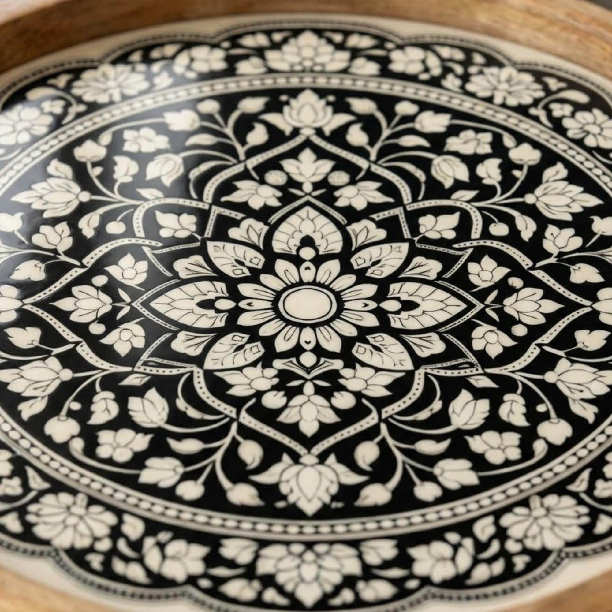 Handmade Mango Wood Side Table | Floral Mandala Print Accent Table