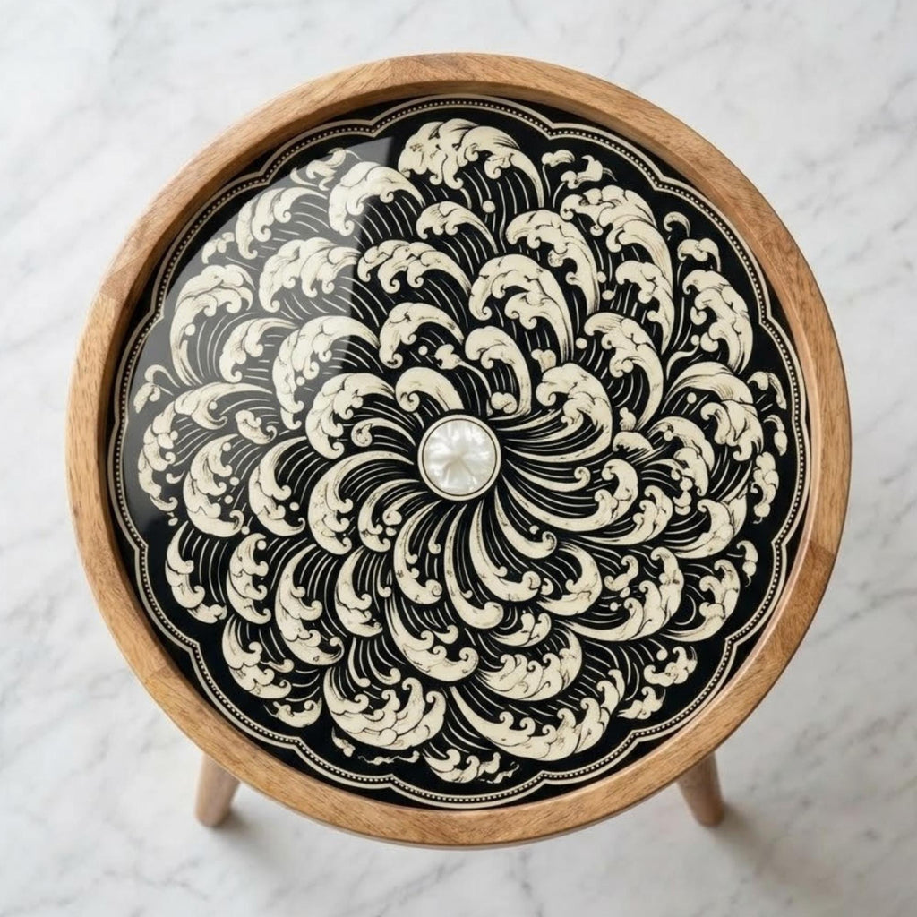 Handmade Mango Wood Side Table | Printed Floral Round Accent Table | Boho Rustic Bedside Furniture