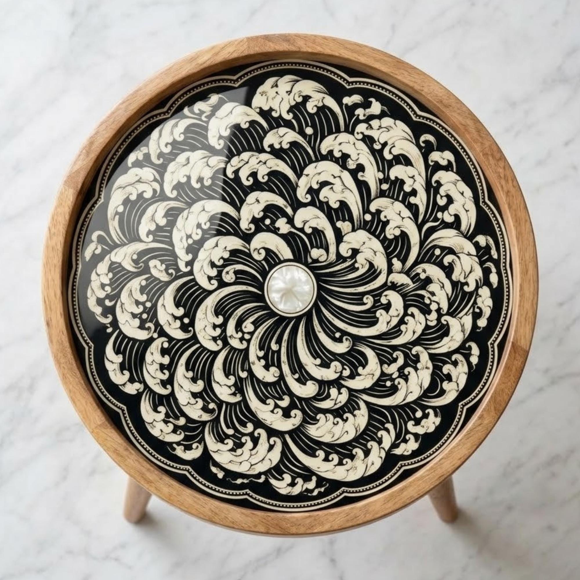 Handmade Mango Wood Side Table | Printed Floral Round Accent Table | Boho Rustic Bedside Furniture