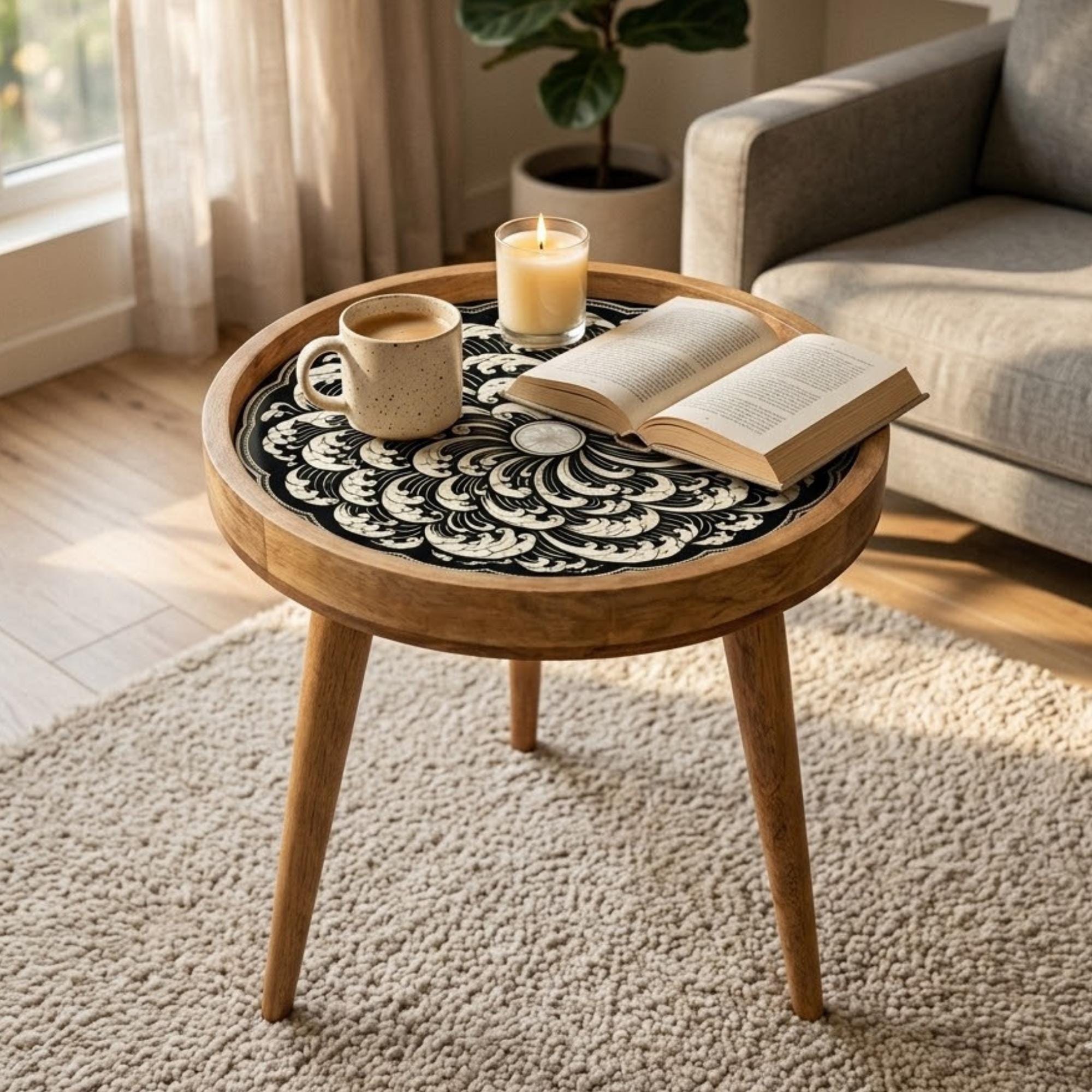 Handmade Mango Wood Side Table | Printed Floral Round Accent Table | Boho Rustic Bedside Furniture