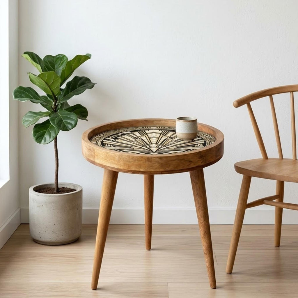 Handmade Mango Wood Side Table | Art Deco Printed Round Accent Table