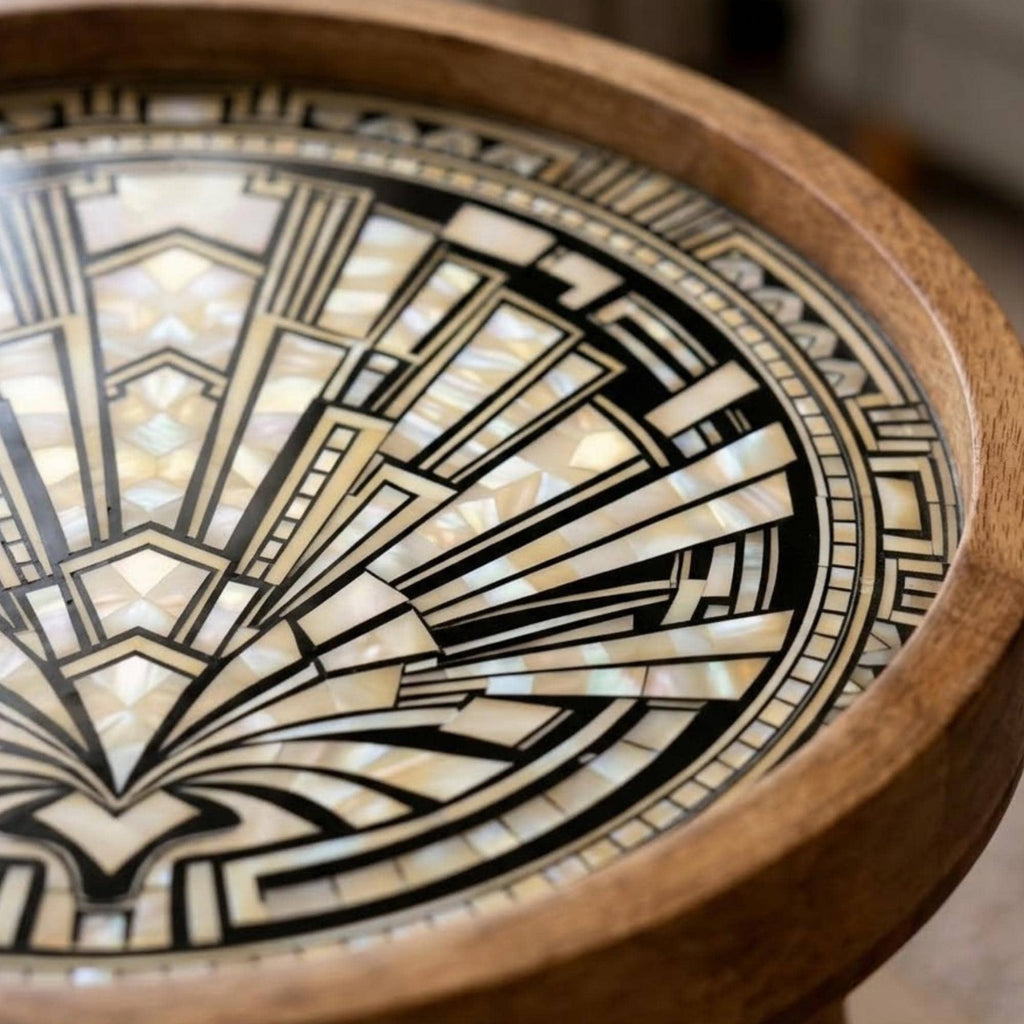 Handmade Mango Wood Side Table | Art Deco Printed Round Accent Table