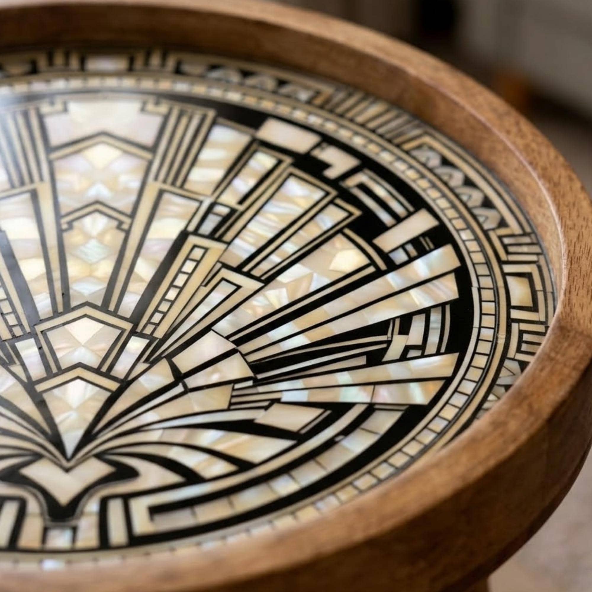 Handmade Mango Wood Side Table | Art Deco Printed Round Accent Table