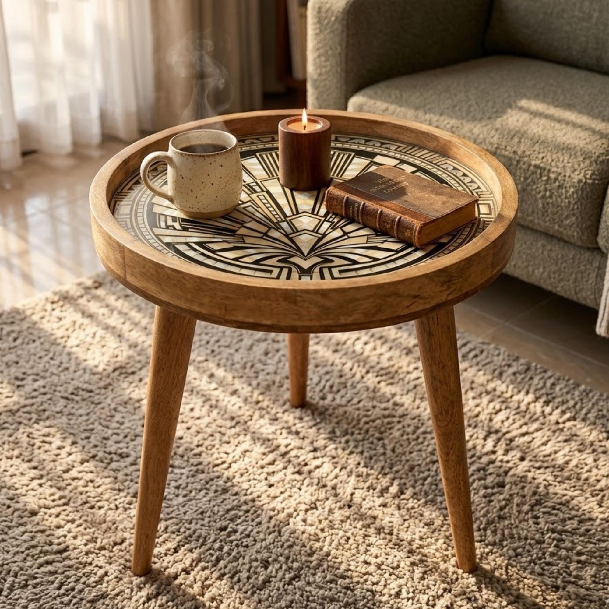 Handmade Mango Wood Side Table | Art Deco Printed Round Accent Table