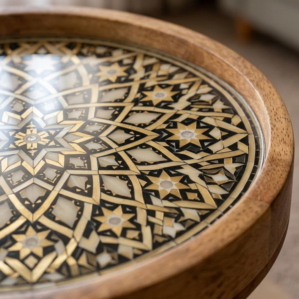Handmade Mango Wood Side Table | Mandala Printed Boho Accent Table