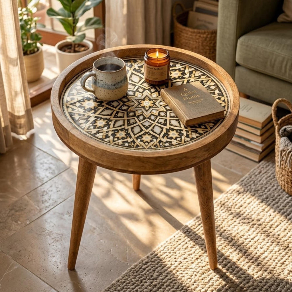 Handmade Mango Wood Side Table | Mandala Printed Boho Accent Table