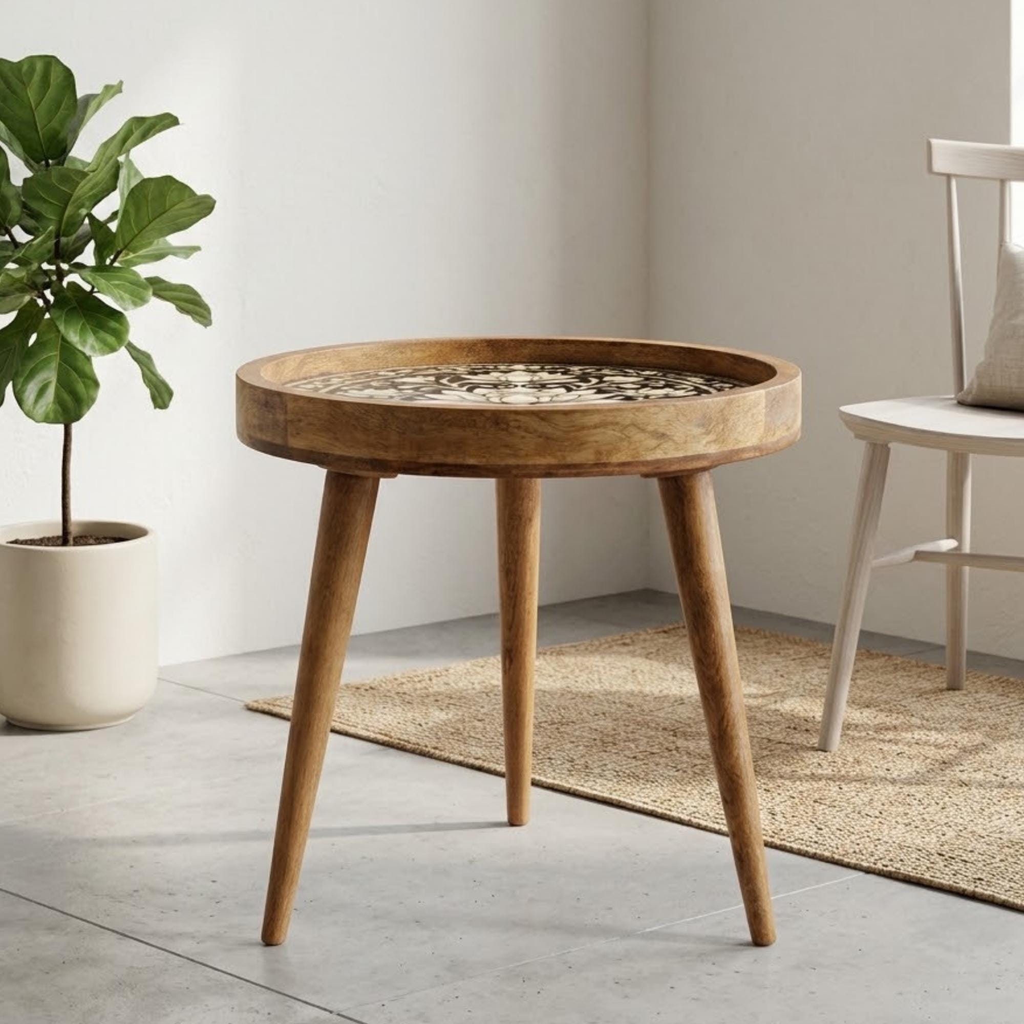 Handmade Mango Wood Side Table with Lotus Print | Boho Round Accent Bedside Table
