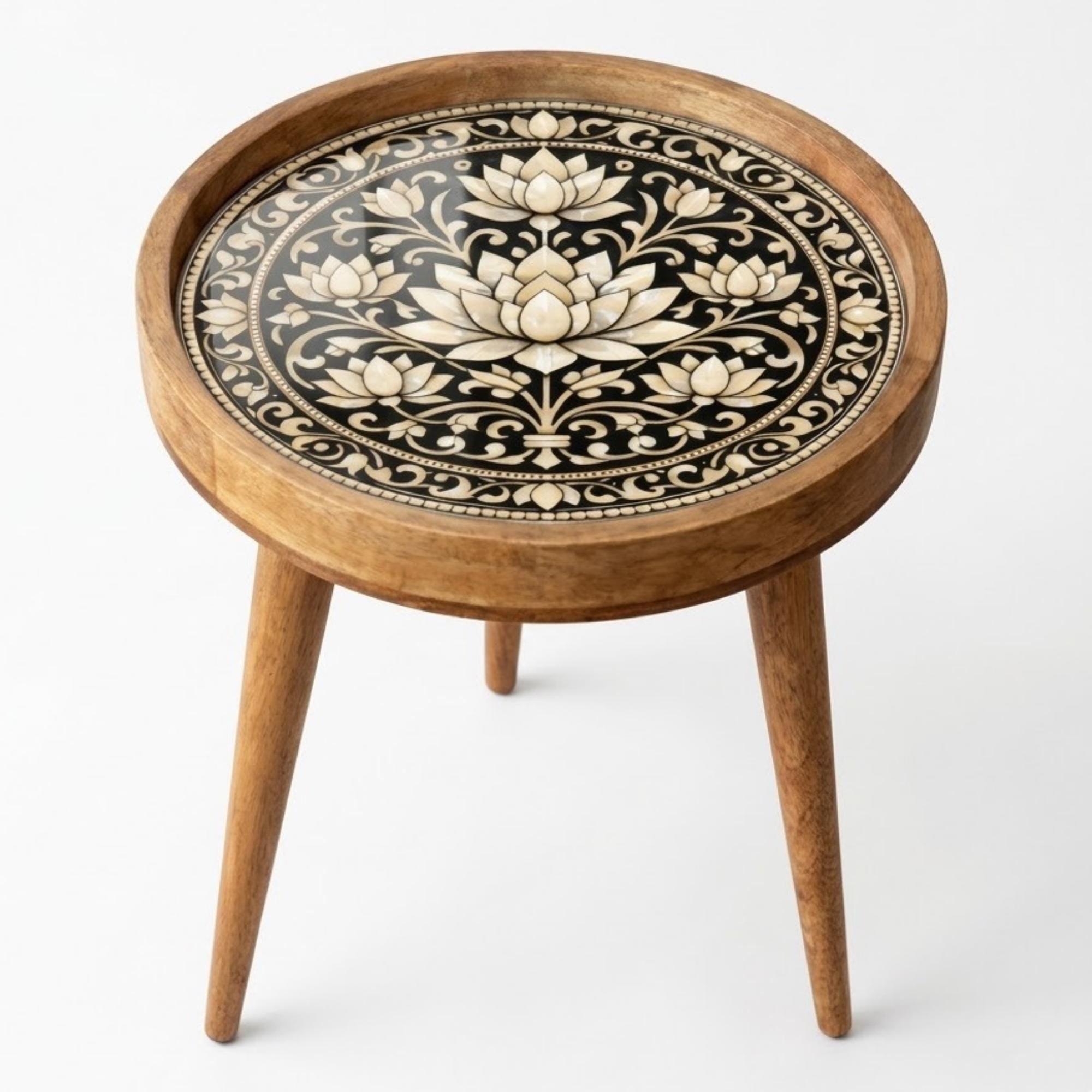 Handmade Mango Wood Side Table with Lotus Print | Boho Round Accent Bedside Table