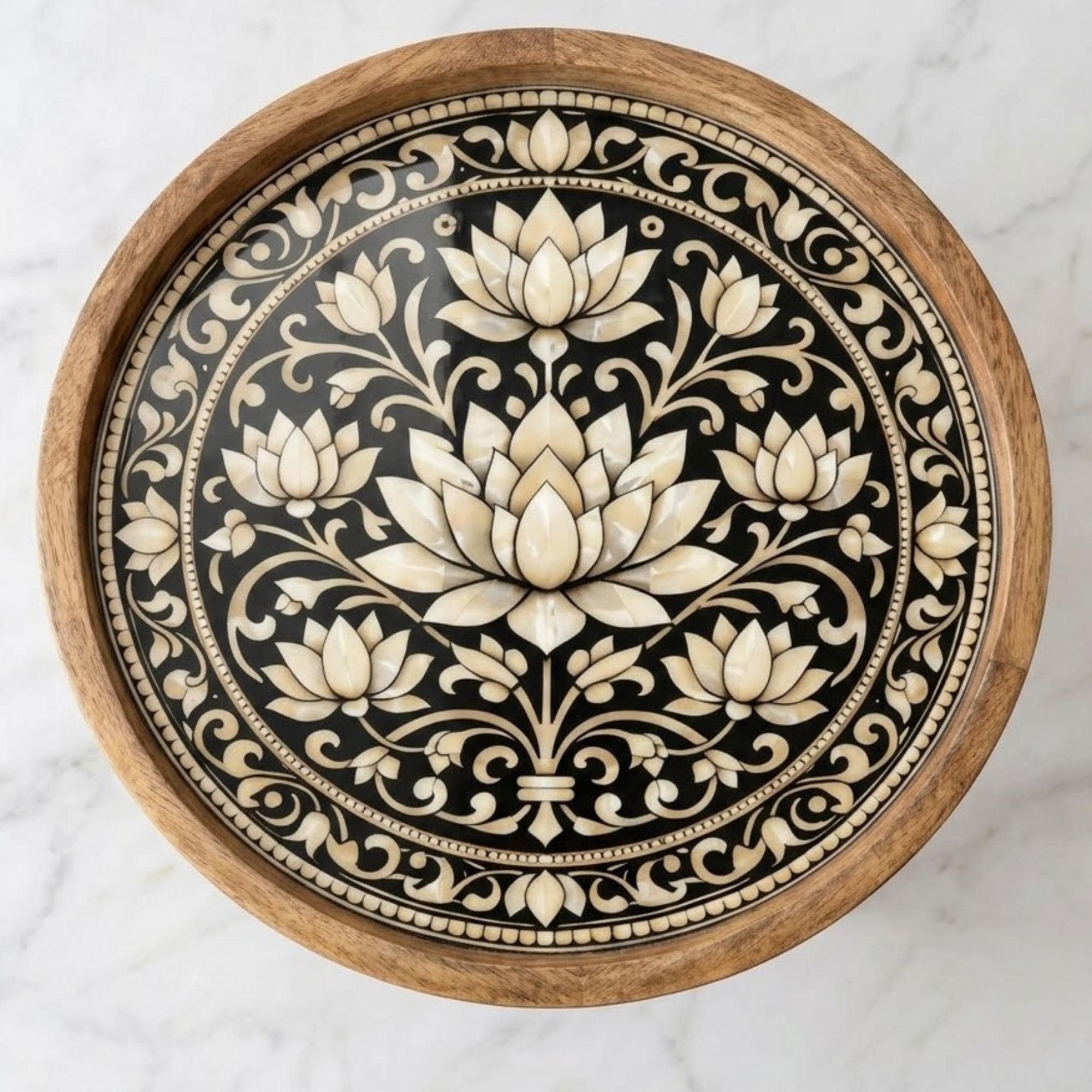 Handmade Mango Wood Side Table with Lotus Print | Boho Round Accent Bedside Table