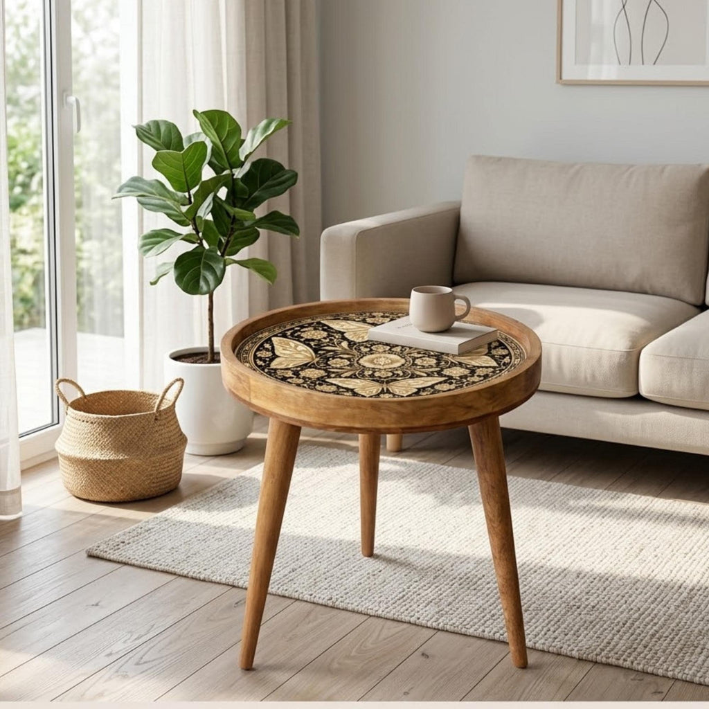 Handmade Mango Wood Side Table | Butterfly Floral Art Accent Table