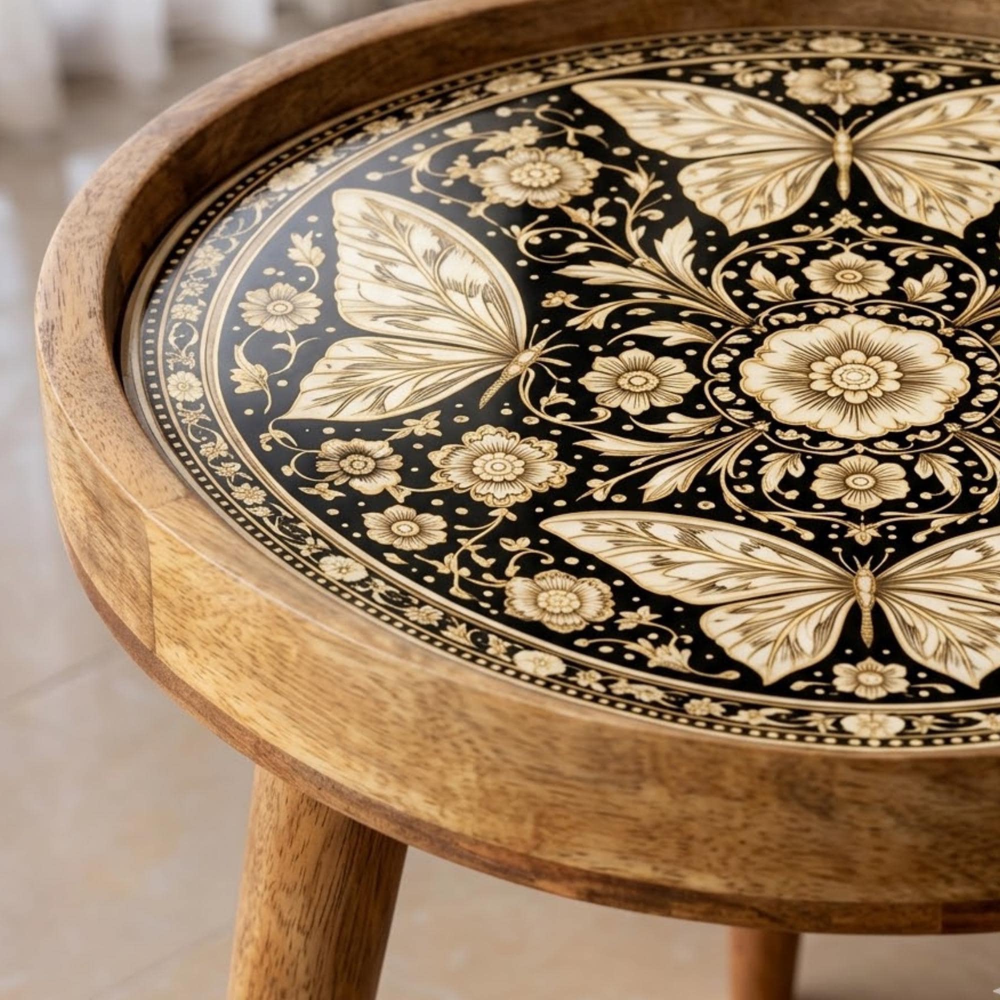 Handmade Mango Wood Side Table | Butterfly Floral Art Accent Table