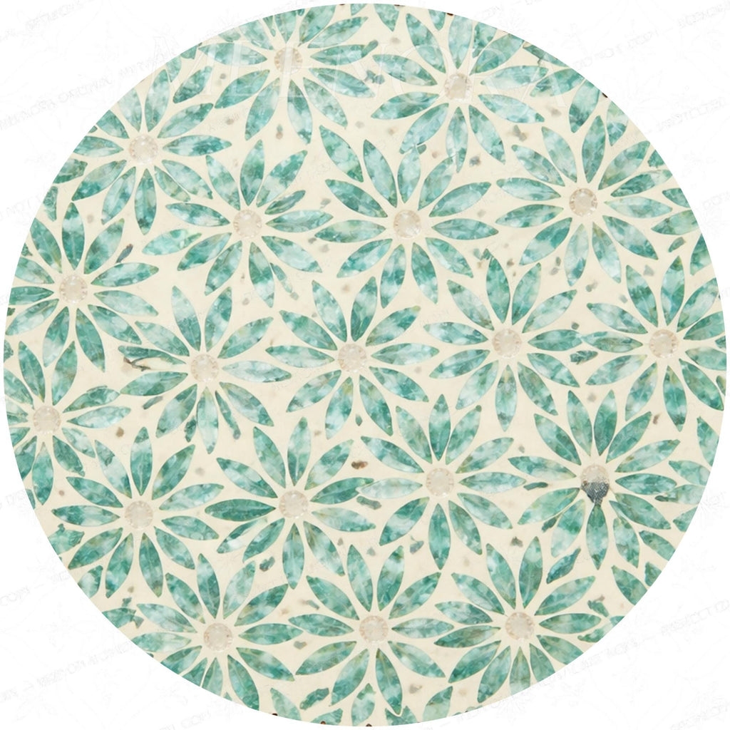 Handmade Mango Wood Side Table | Blue Floral Round Accent Table | Boho Living Room Decor