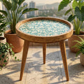 Handmade Mango Wood Side Table | Blue Floral Round Accent Table | Boho Living Room Decor
