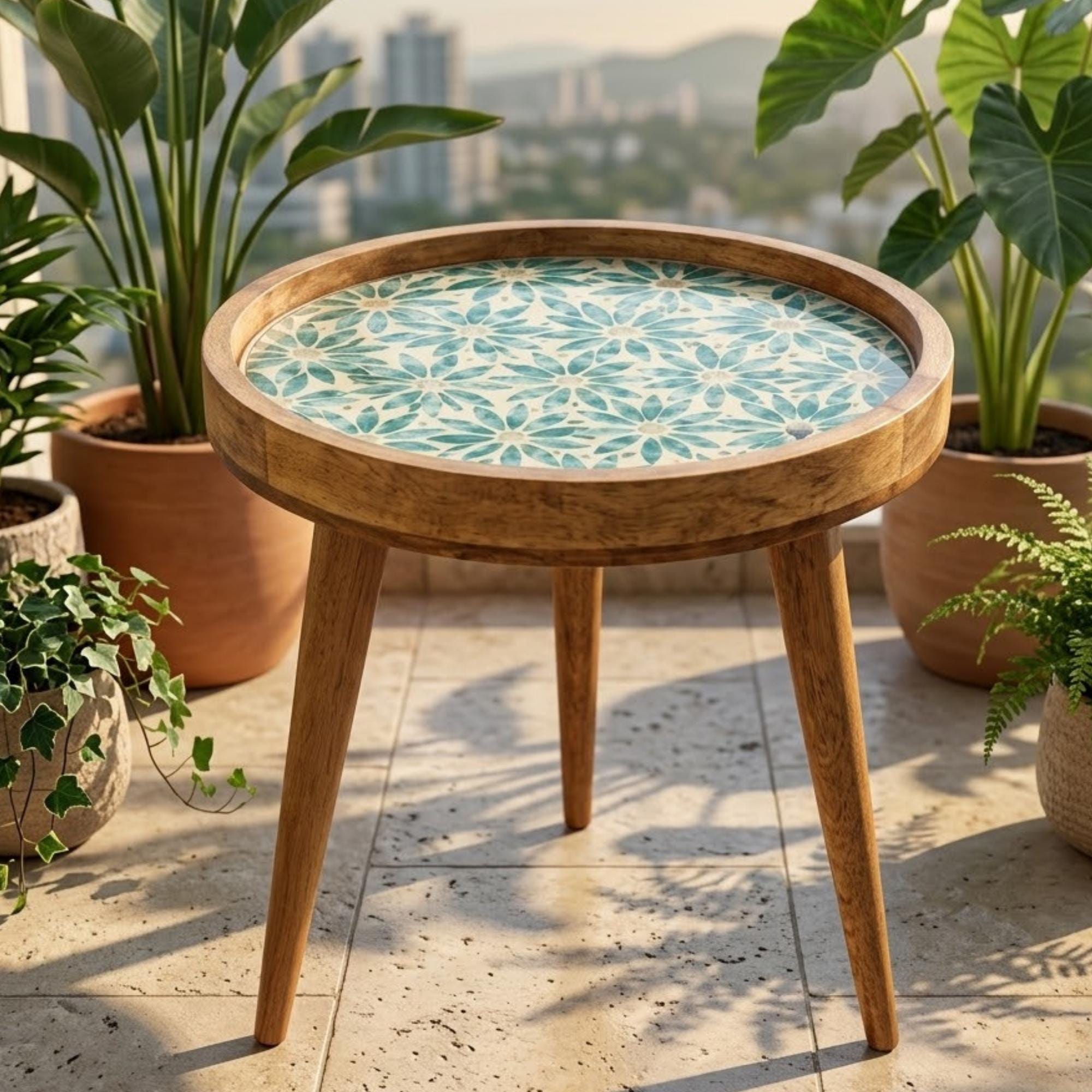 Handmade Mango Wood Side Table | Blue Floral Round Accent Table | Boho Living Room Decor