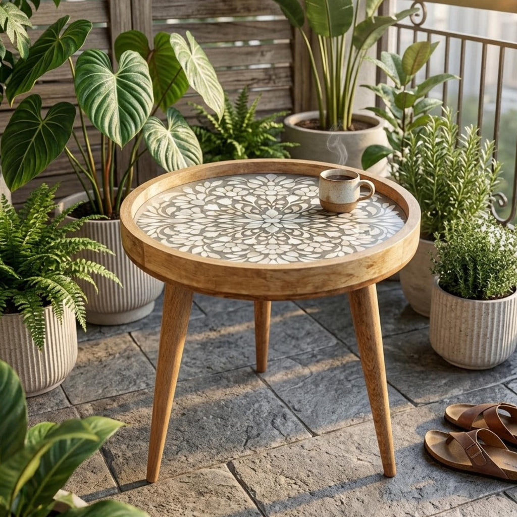 Handmade Mango Wood Side Table | White Floral Mandala Round Accent Table