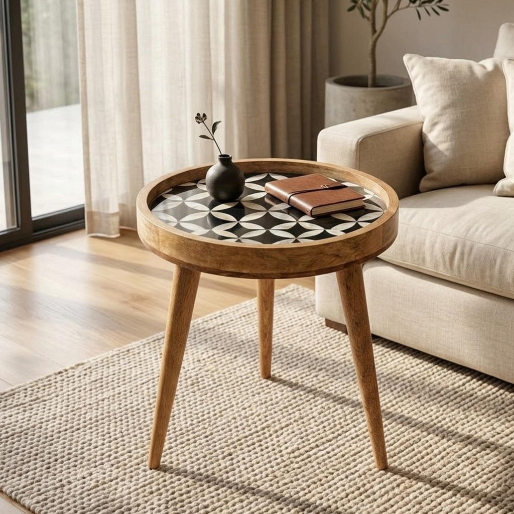 Handmade Mango Wood Side Table | Black Geometric Print Round Accent (15" Diameter, 18" Height)