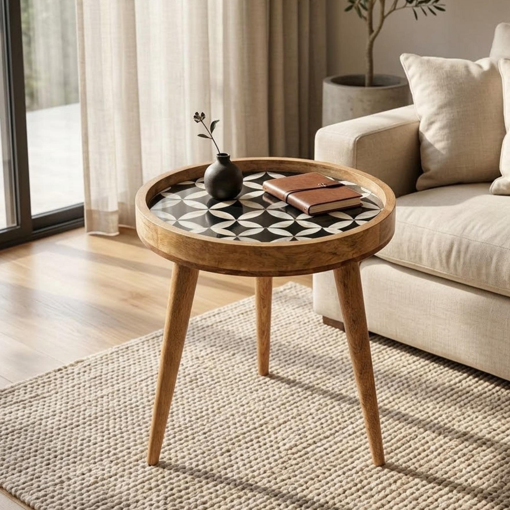 Handmade Mango Wood Side Table | Black Geometric Print Round Accent (15" Diameter, 18" Height)