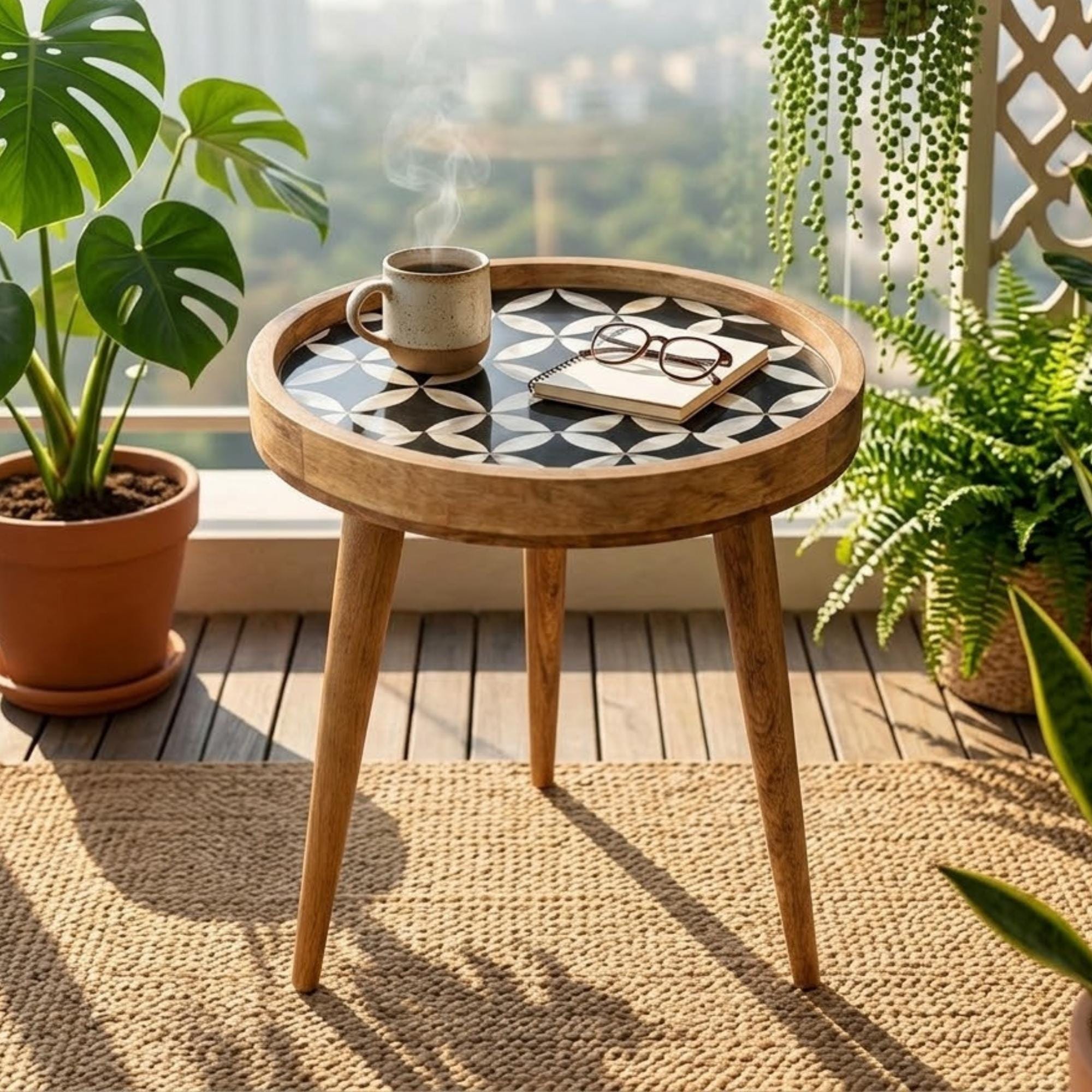Handmade Mango Wood Side Table | Black Geometric Print Round Accent (15" Diameter, 18" Height)