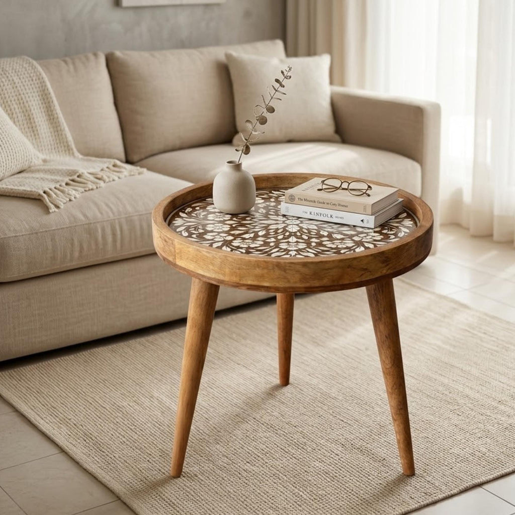 Handmade Mango Wood Side Table | Floral Printed Round Accent Table