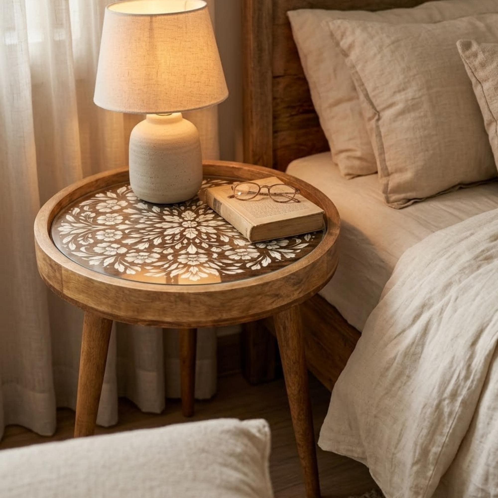 Handmade Mango Wood Side Table | Floral Printed Round Accent Table