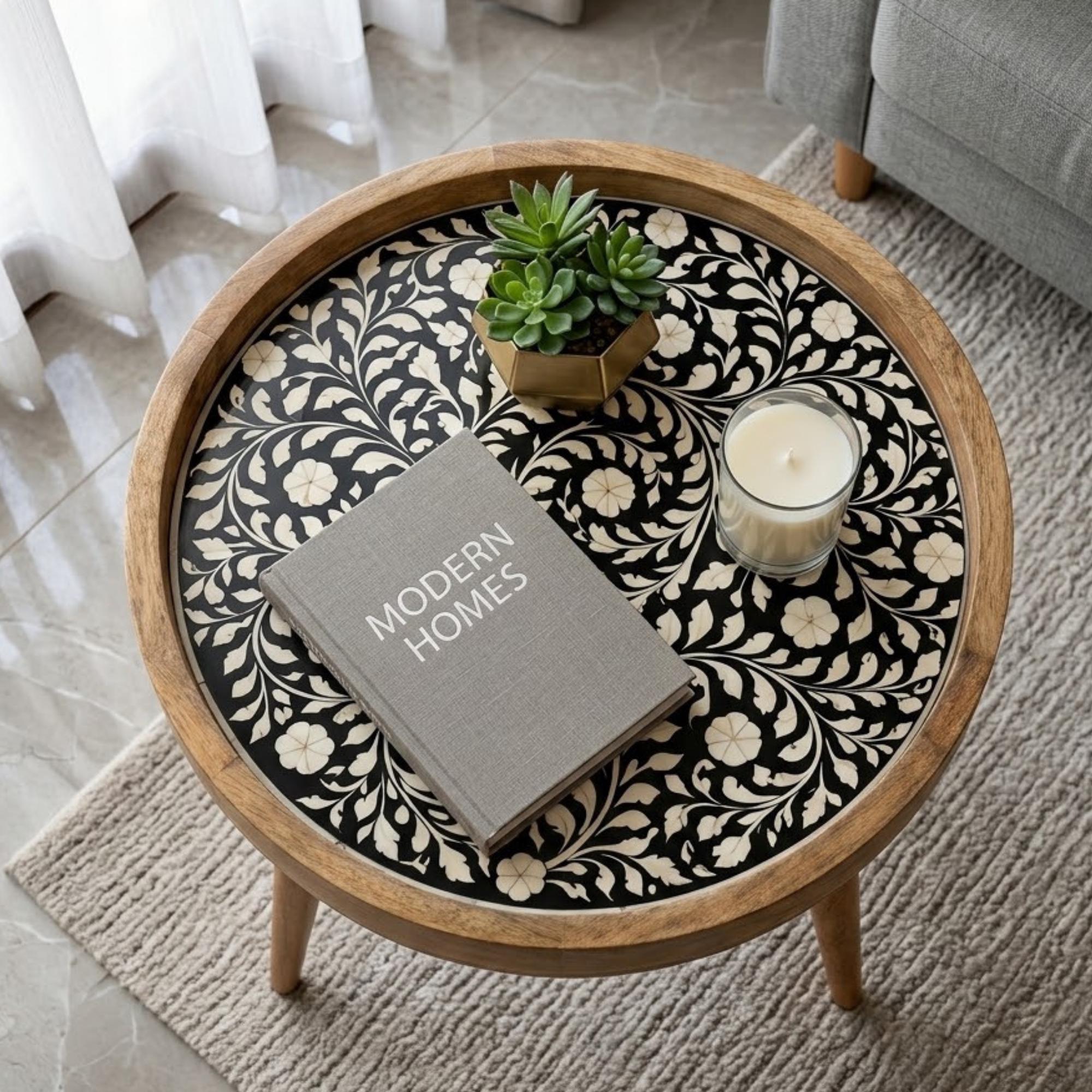 Handmade Printed Mango Wood Side Table | Round Boho Accent Table