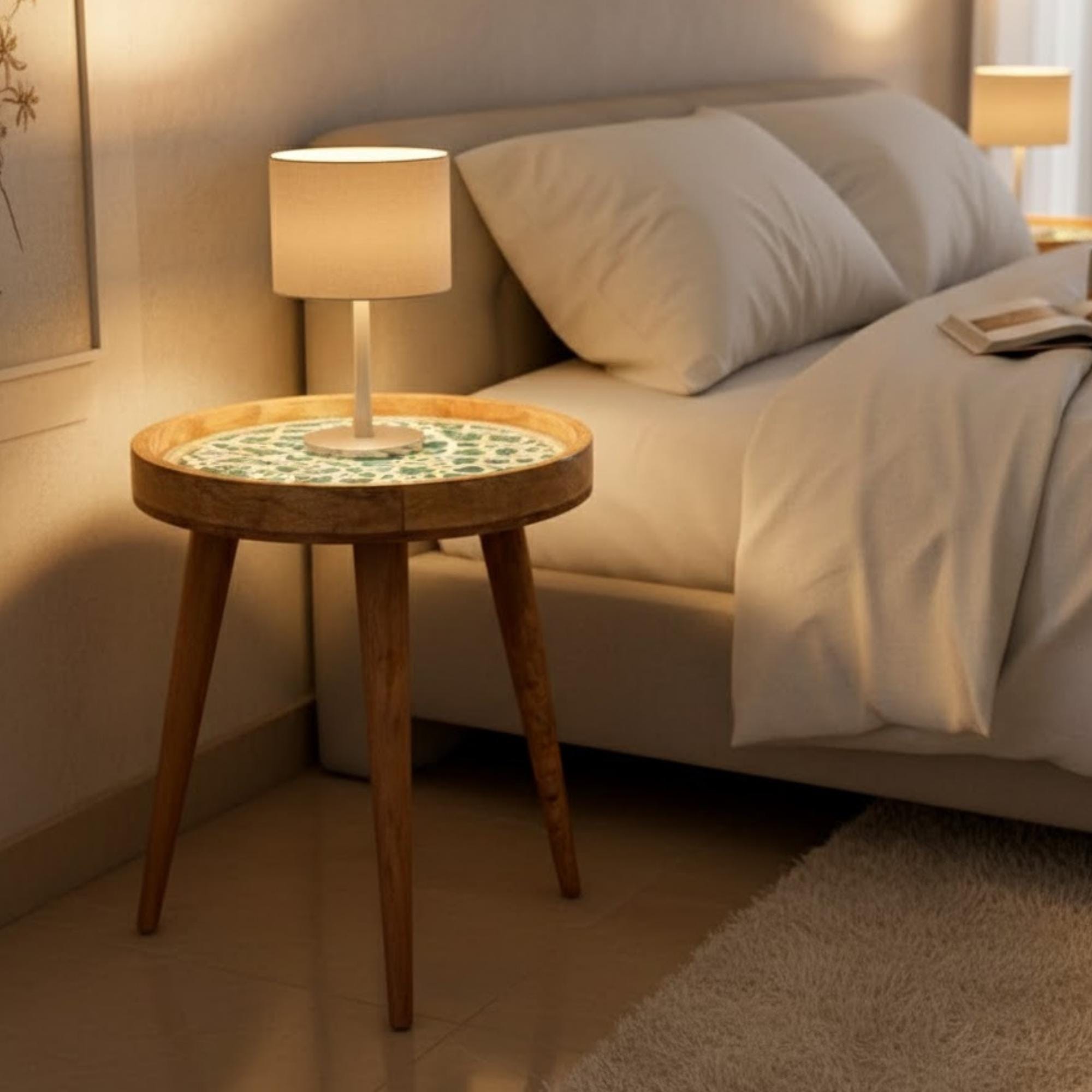 Handmade Mango Wood Side Table | Moroccan Geometric Print Accent Table
