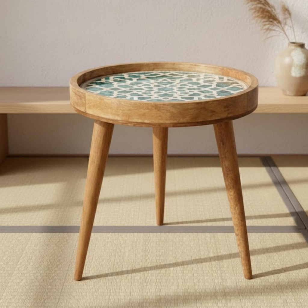 Handmade Mango Wood Side Table | Moroccan Geometric Print Accent Table