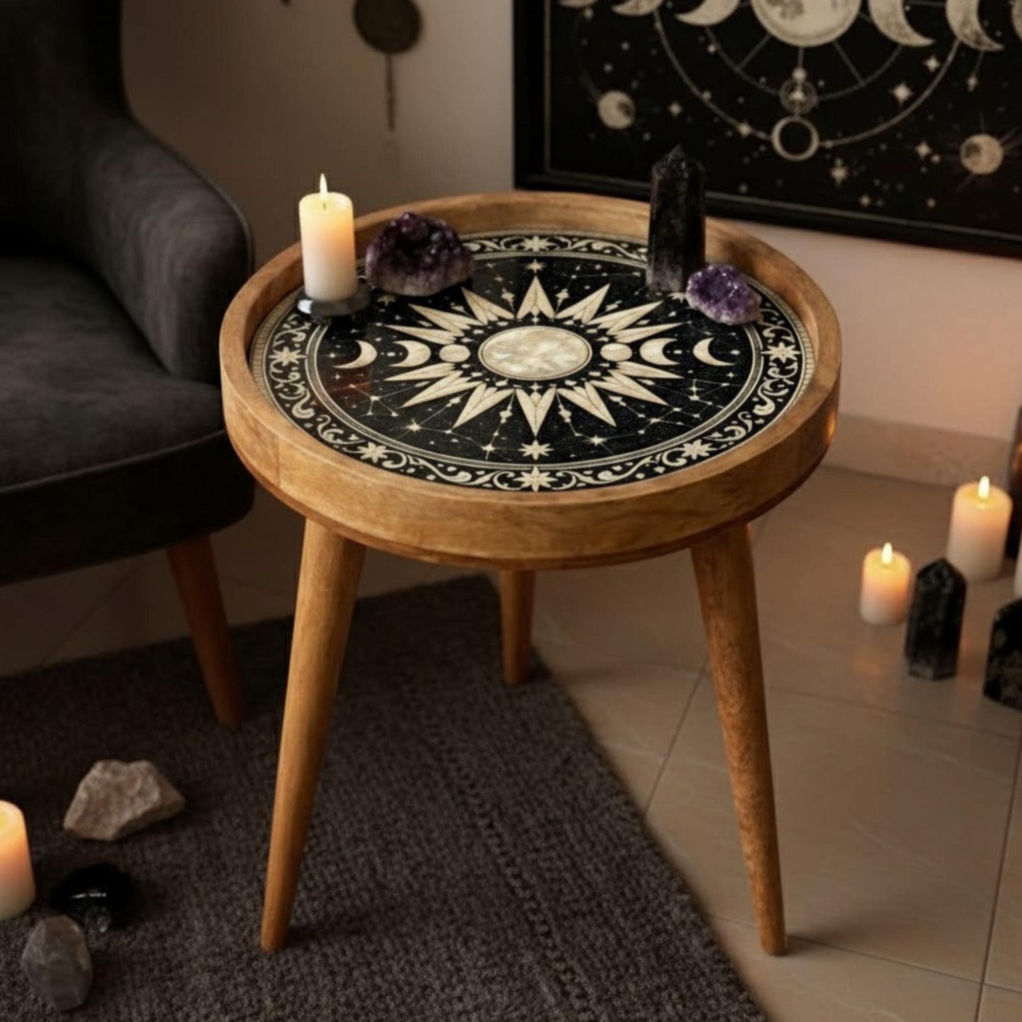 Handmade Mango Wood Side Table | Celestial Moon Phase Print, Boho Accent Table
