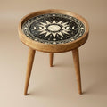 Handmade Mango Wood Side Table | Celestial Moon Phase Print, Boho Accent Table