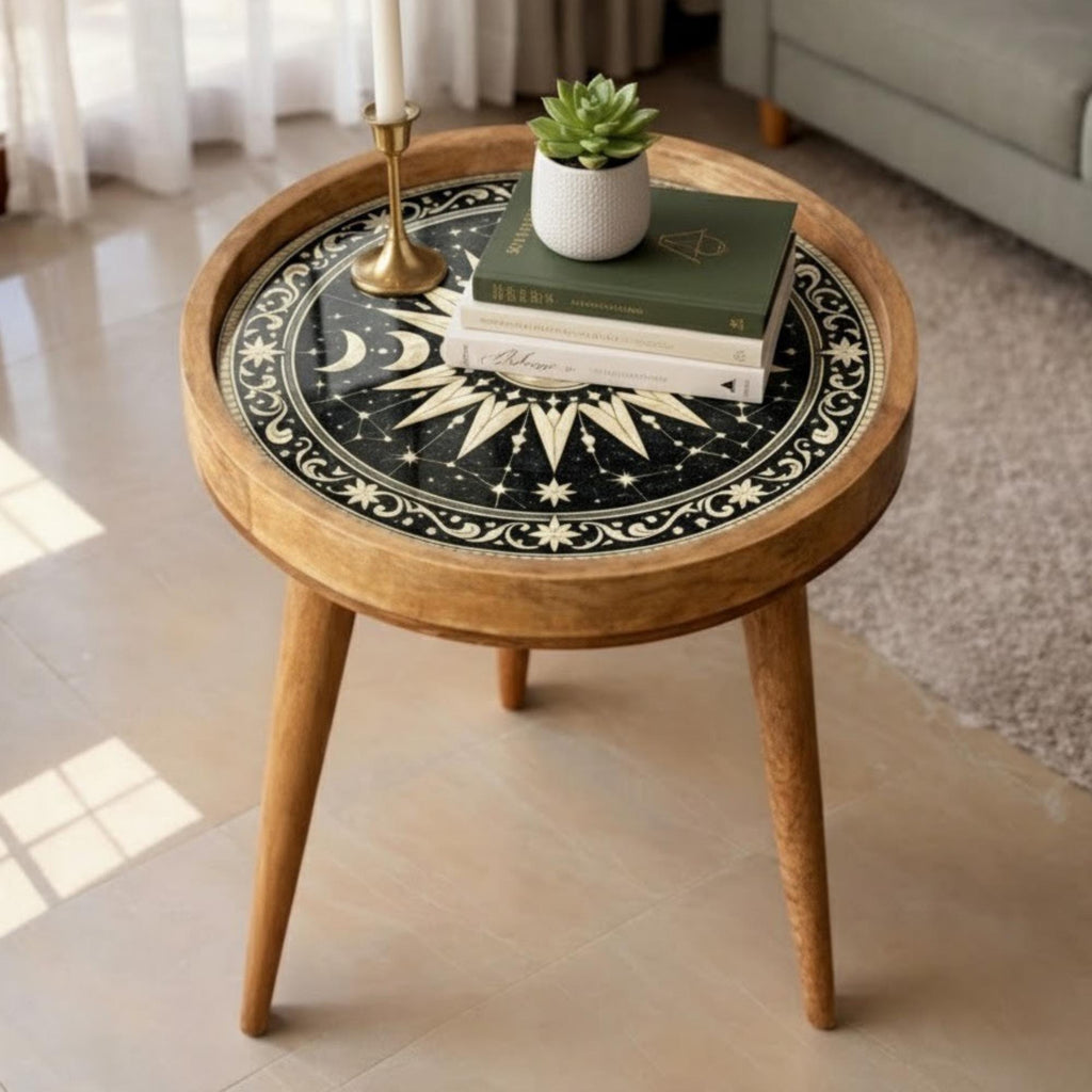 Handmade Mango Wood Side Table | Celestial Moon Phase Print, Boho Accent Table