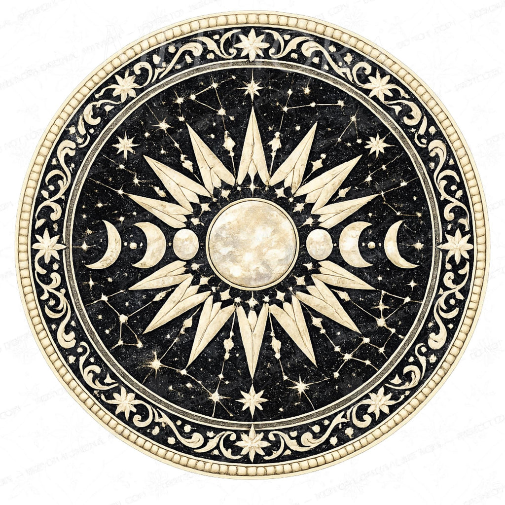 Handmade Mango Wood Side Table | Celestial Moon Phase Print, Boho Accent Table