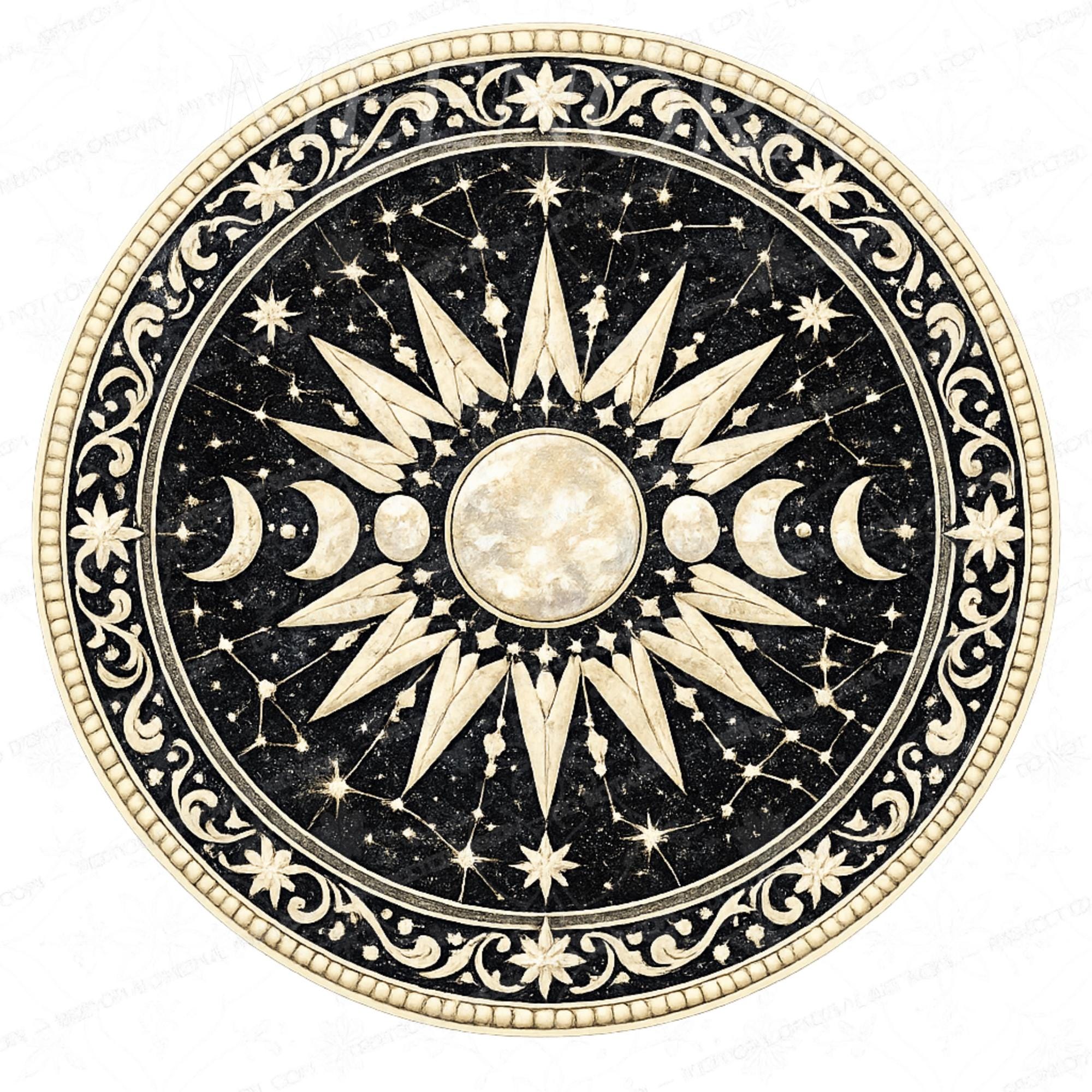Handmade Mango Wood Side Table | Celestial Moon Phase Print, Boho Accent Table