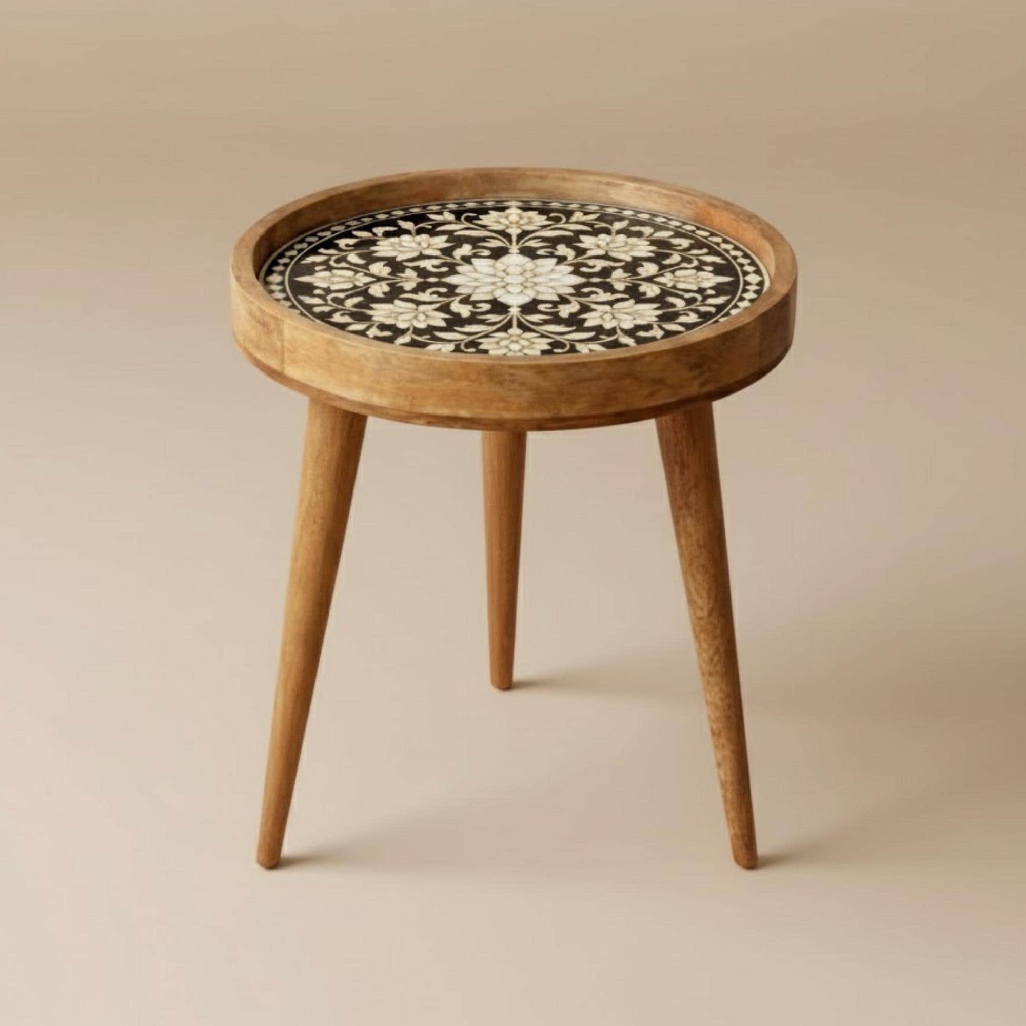 Handmade Mango Wood Side Table | Floral Inlay Accent Table | Boho Living Room Furniture