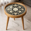 Handmade Mango Wood Side Table | Floral Inlay Accent Table | Boho Living Room Furniture