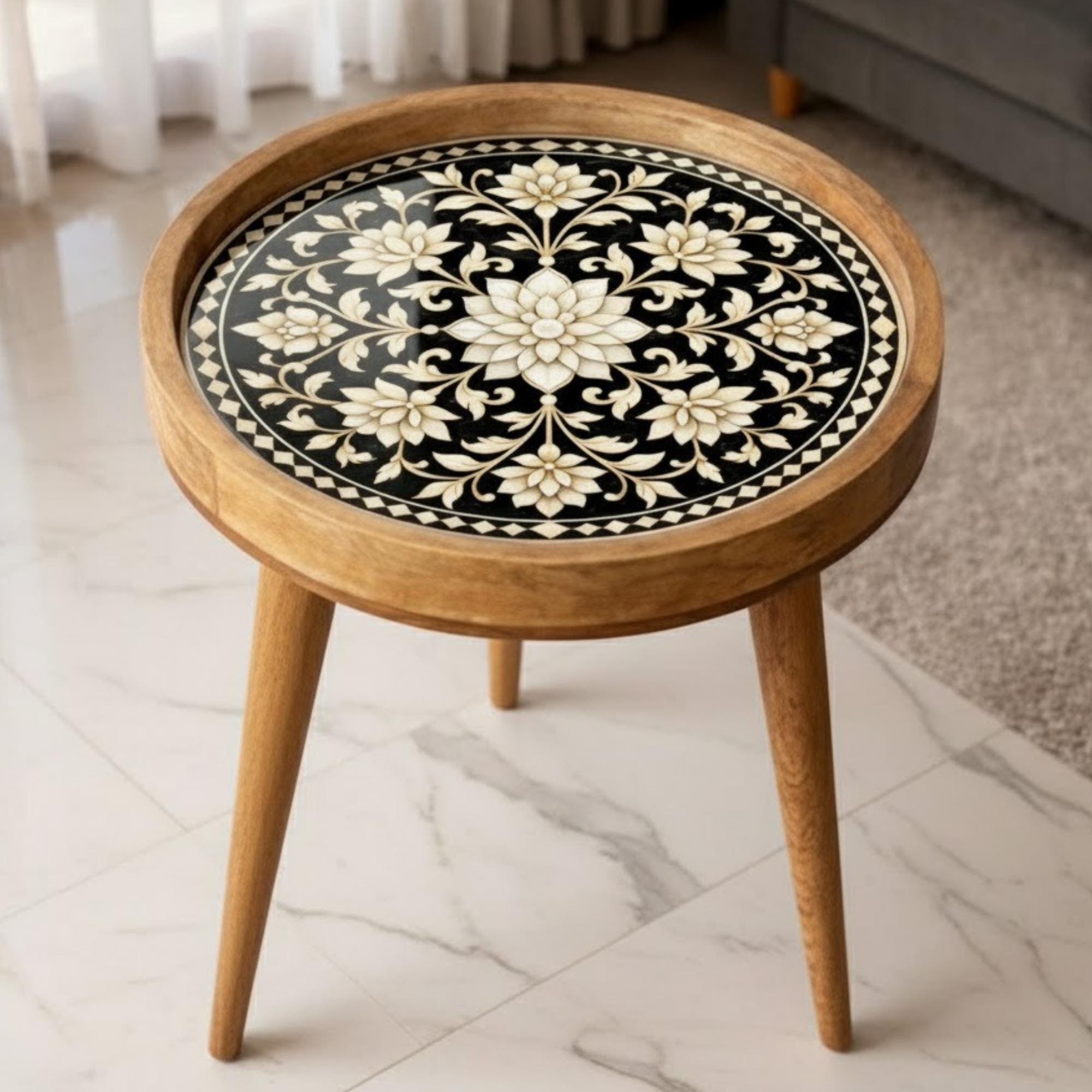 Handmade Mango Wood Side Table | Floral Inlay Accent Table | Boho Living Room Furniture