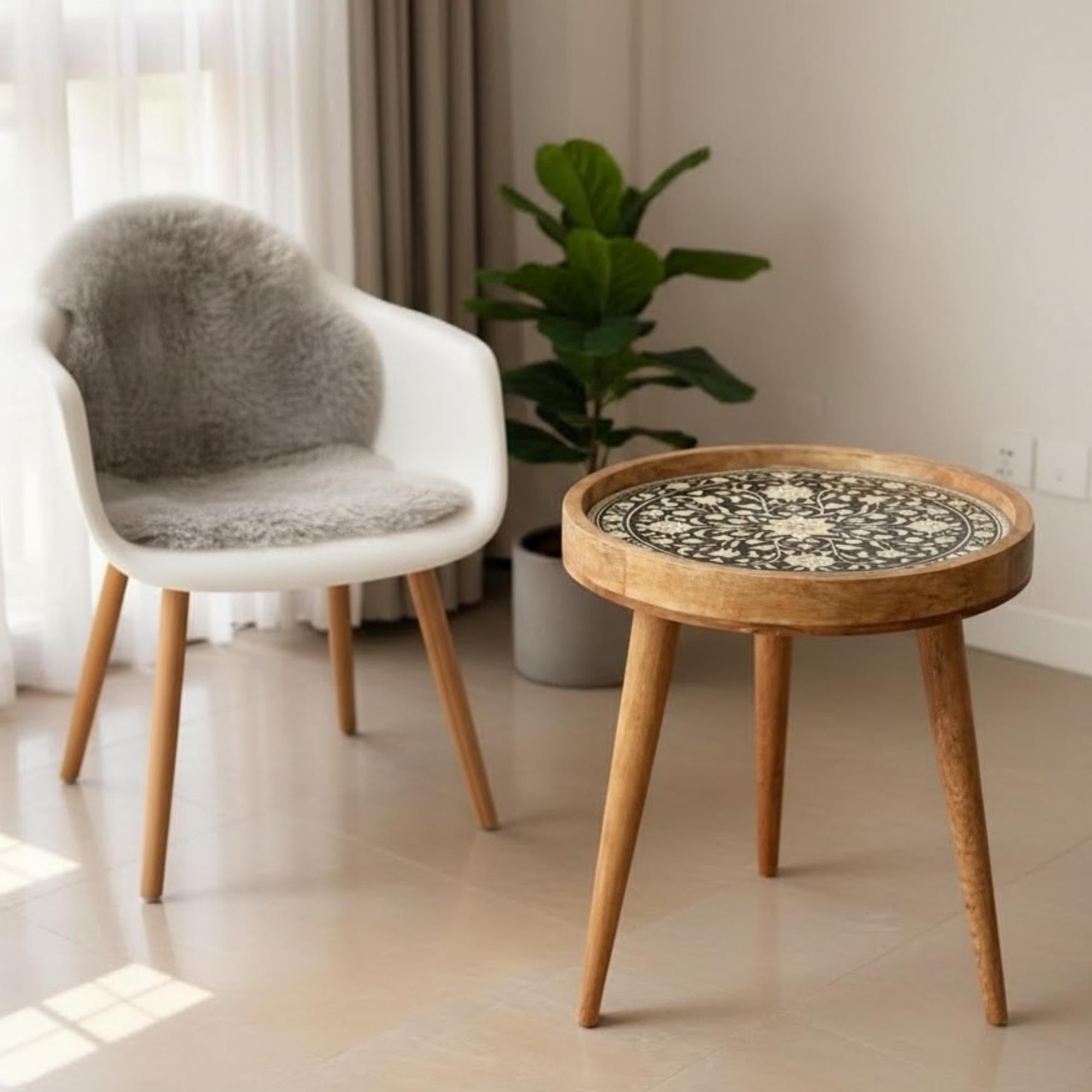 Handmade Mango Wood Side Table | Floral Inlay Round Accent Table
