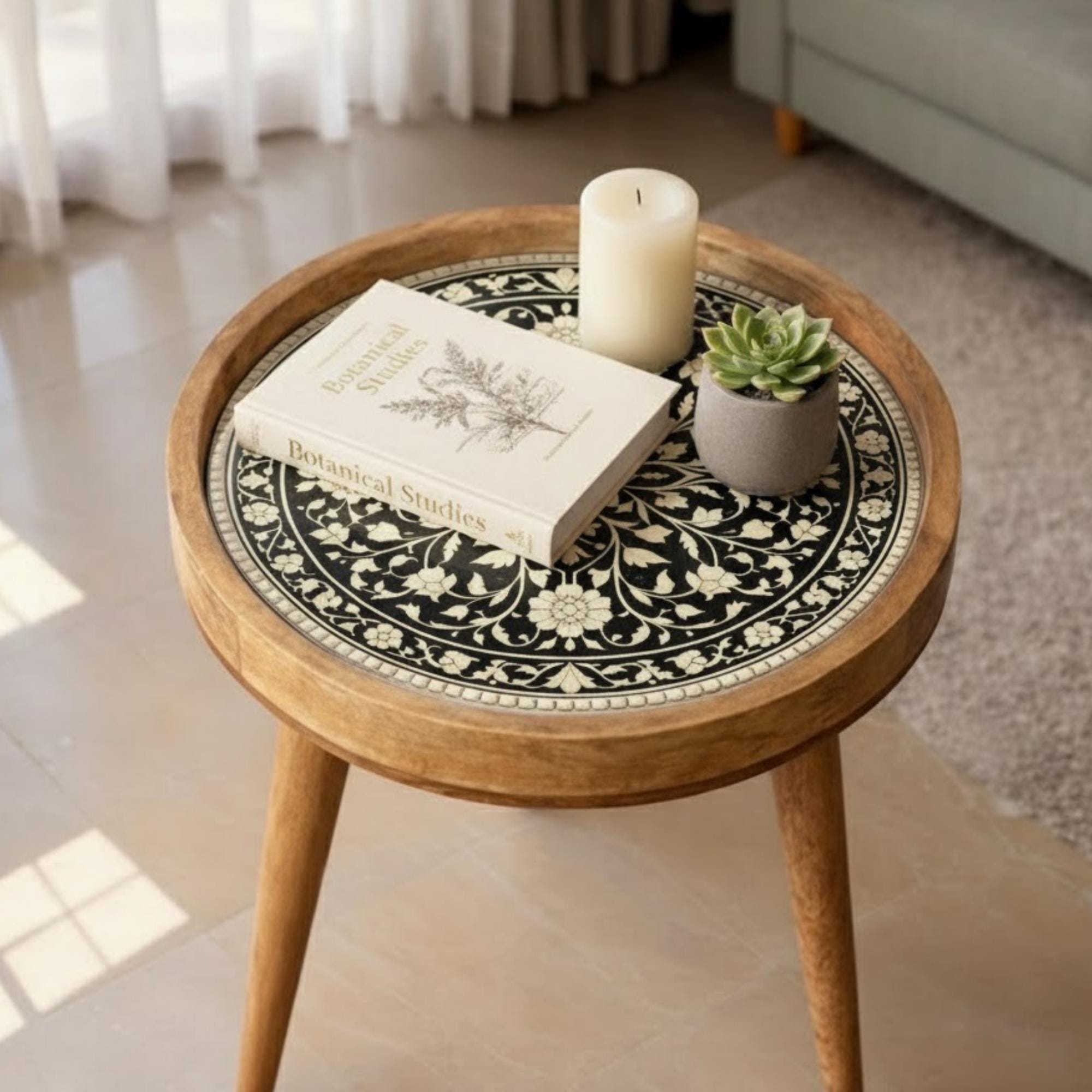 Handmade Mango Wood Side Table | Floral Inlay Round Accent Table