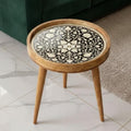 Handmade Mango Wood Side Table | Printed Round Accent Table