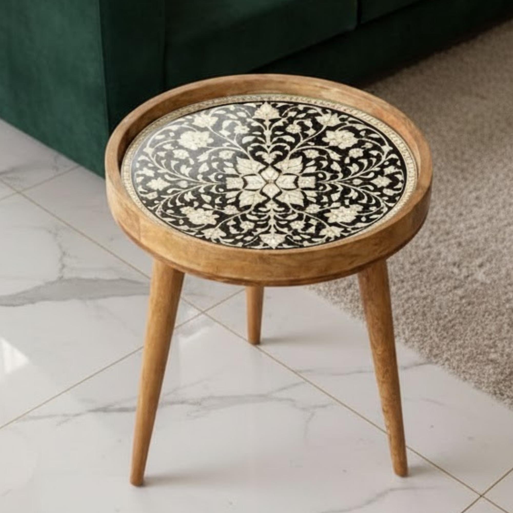 Handmade Mango Wood Side Table | Printed Round Accent Table