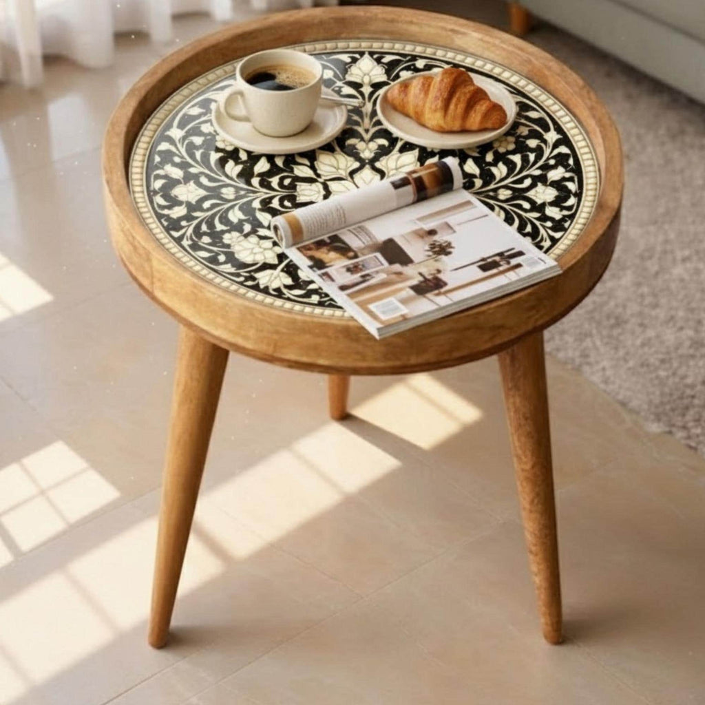 Handmade Mango Wood Side Table | Printed Round Accent Table