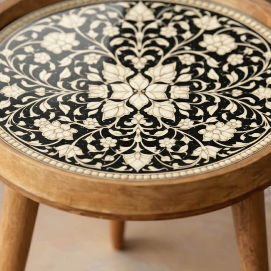 Handmade Mango Wood Side Table | Printed Round Accent Table