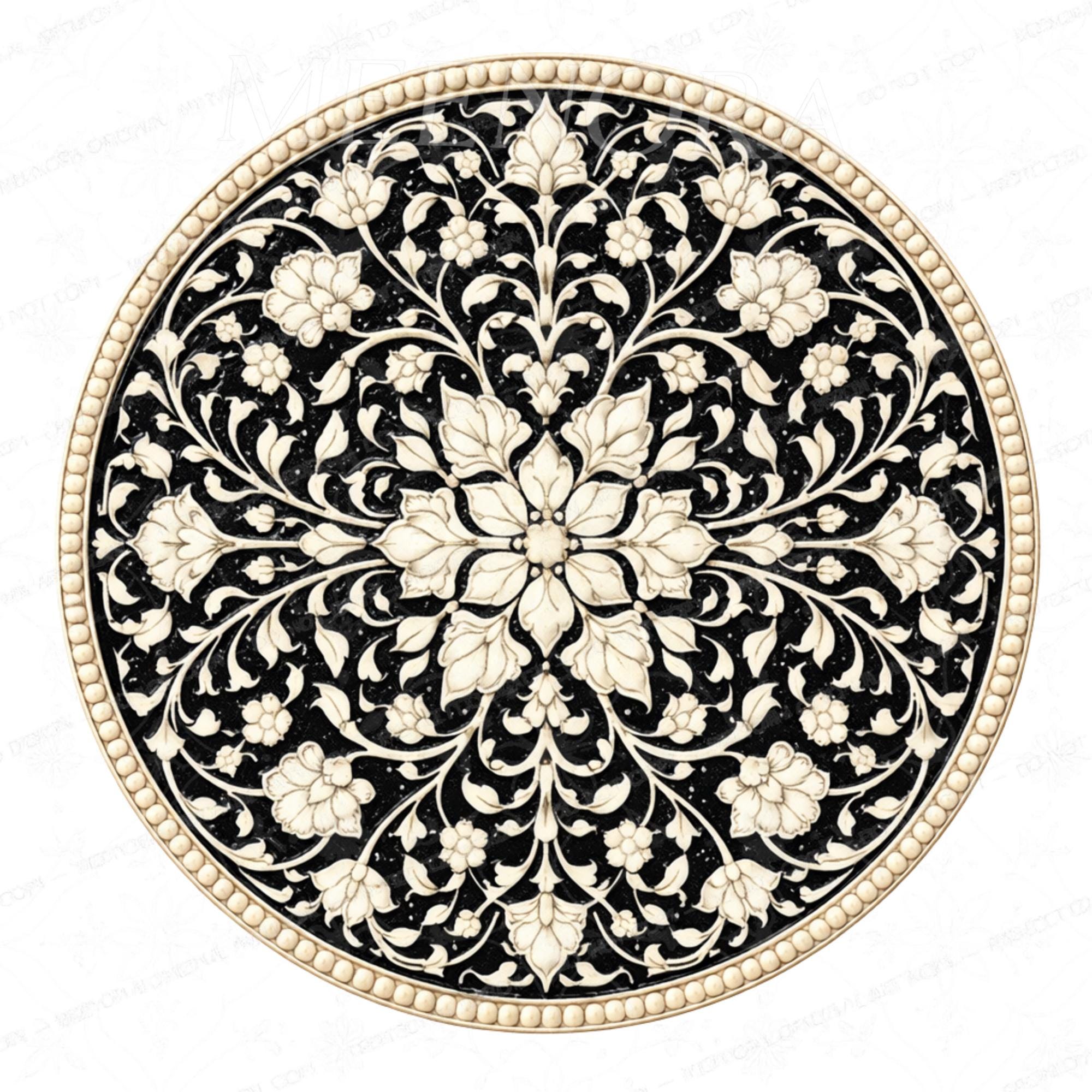 Handmade Mango Wood Side Table | Printed Round Accent Table