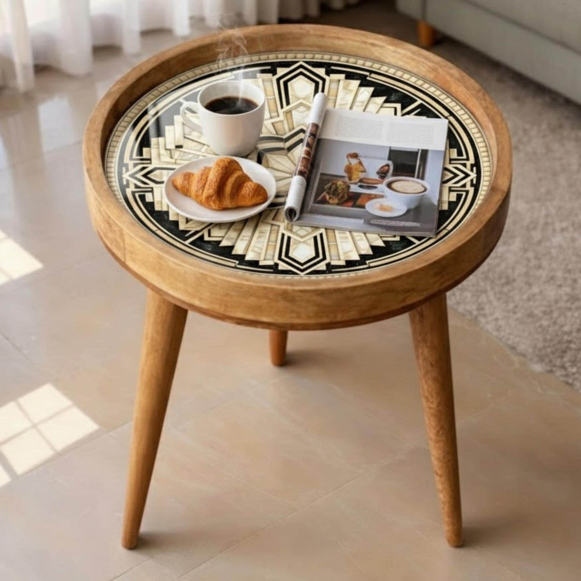 Handmade Mango Wood Side Table | Geometric Print Round Accent Table