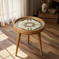 Handmade Mango Wood Side Table | Geometric Print Round Accent Table